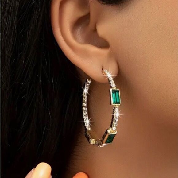 💚 NEW green rhinestone hoops with sparkling crystal accents 💚 - Picture 2 of 6